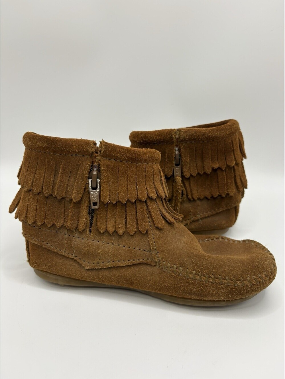 Minnetonka Kids Unisex Suede Leather Ankle Double Fringe Moccasins Shoes Size 11